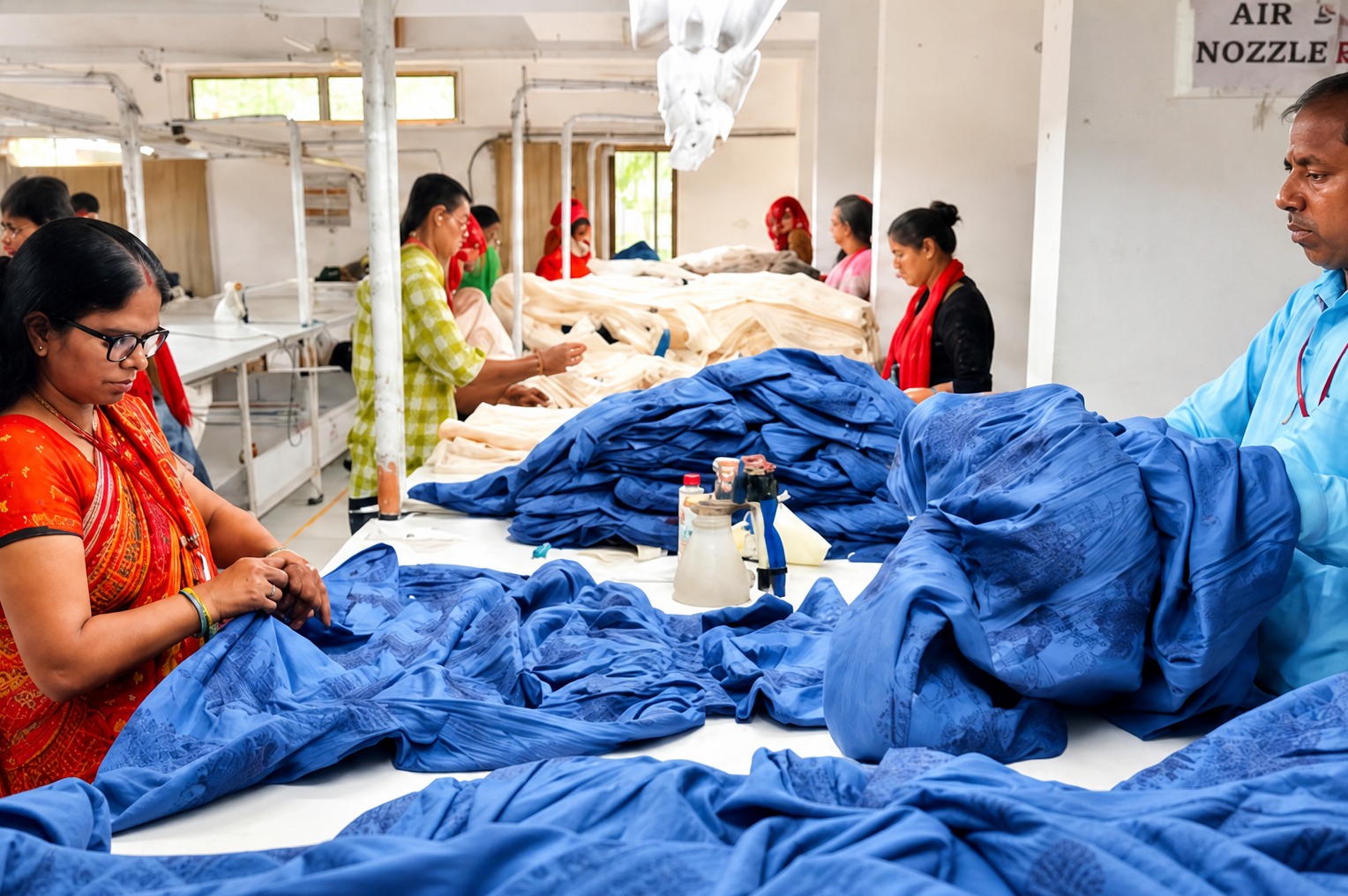 Traditional Gallery garment workers inspecting and folding garments on the factory floor — Jaipur Traditional Gallery garment workers inspecting and folding garments on the factory floor — Jaipur