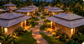 Traditional Eco — eco cottages at dusk, Jaipur Traditional Eco — eco cottages at dusk, Jaipur