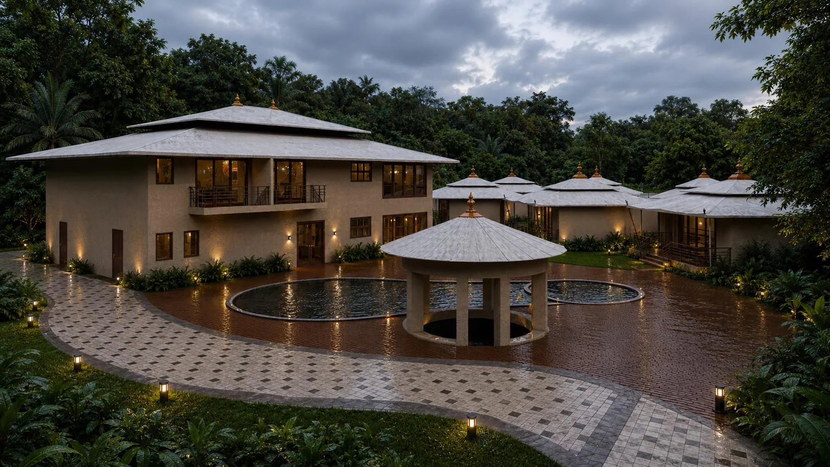 The Activity Block at Sawai Traditional, Luxury Resort at dusk — lit windows, balcony, and pool pavilion with forest beyond The Activity Block at Sawai Traditional, Luxury Resort at dusk — lit windows, balcony, and pool pavilion with forest beyond