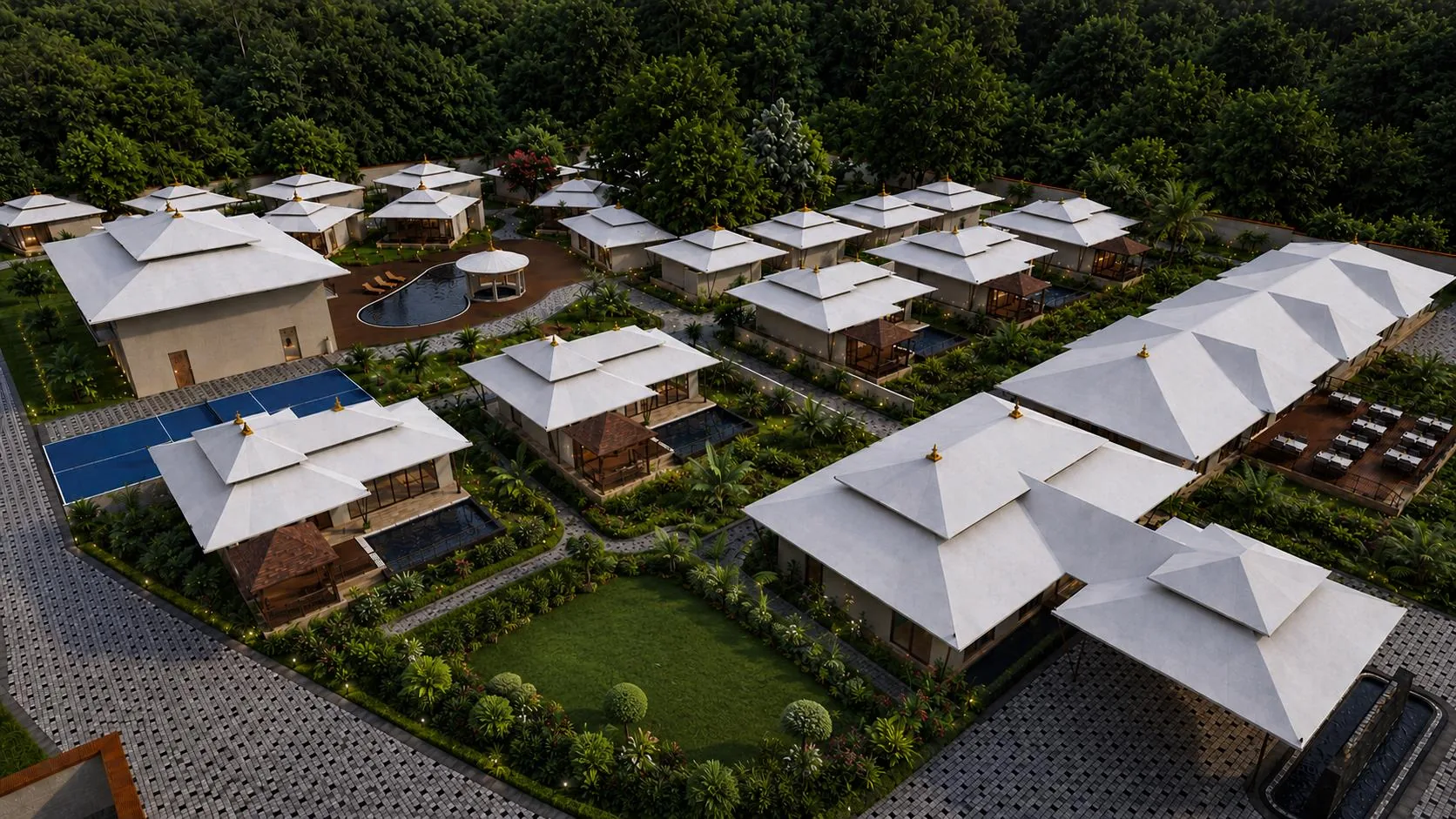 Private pool villas at Sawai Traditional, Luxury Resort seen from above, with lawns and pathways between them Private pool villas at Sawai Traditional, Luxury Resort seen from above, with lawns and pathways between them