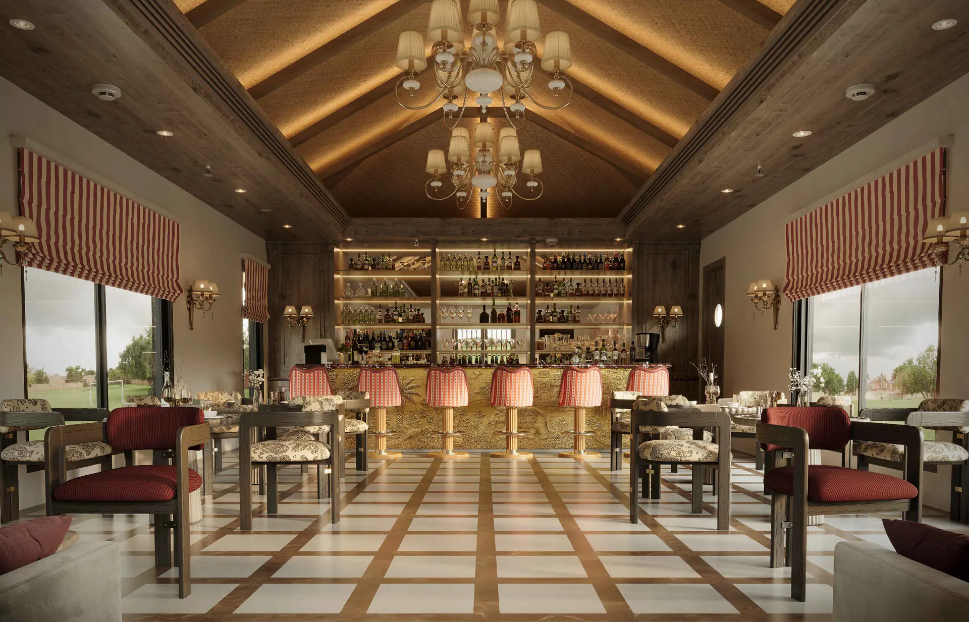 The bar, with a carved golden counter beneath chandeliers and a cane-lattice ceiling — Sawai Traditional, Luxury Resort The bar, with a carved golden counter beneath chandeliers and a cane-lattice ceiling — Sawai Traditional, Luxury Resort