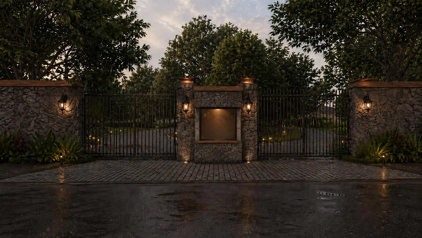 The stone-pillared entrance gate of Sawai Traditional, Luxury Resort at dusk, lanterns lit and old trees overhead