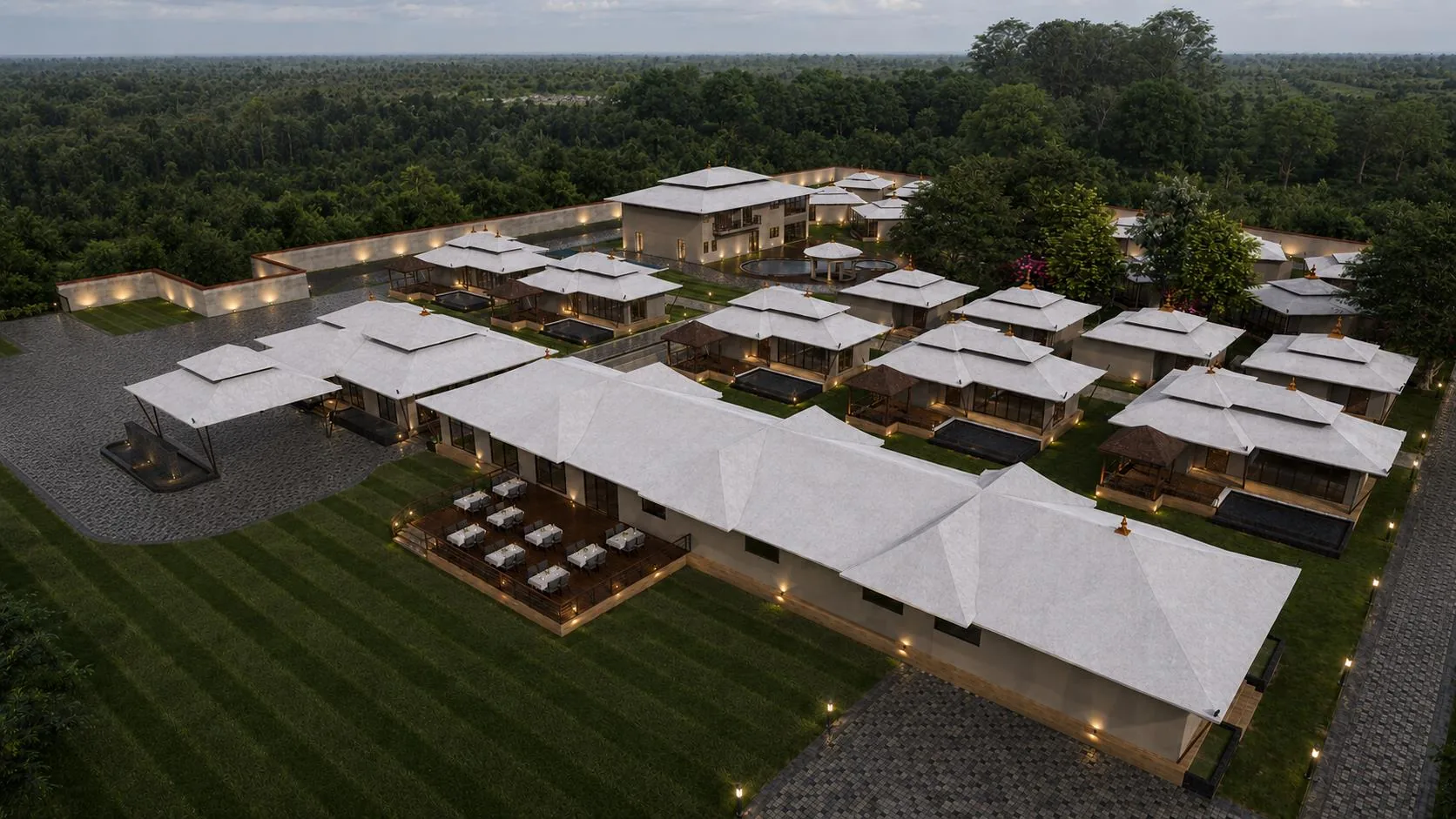 The Kitchen Block at Sawai Traditional, Luxury Resort from above — dining deck on the lawn, villas and Activity Block beyond The Kitchen Block at Sawai Traditional, Luxury Resort from above — dining deck on the lawn, villas and Activity Block beyond