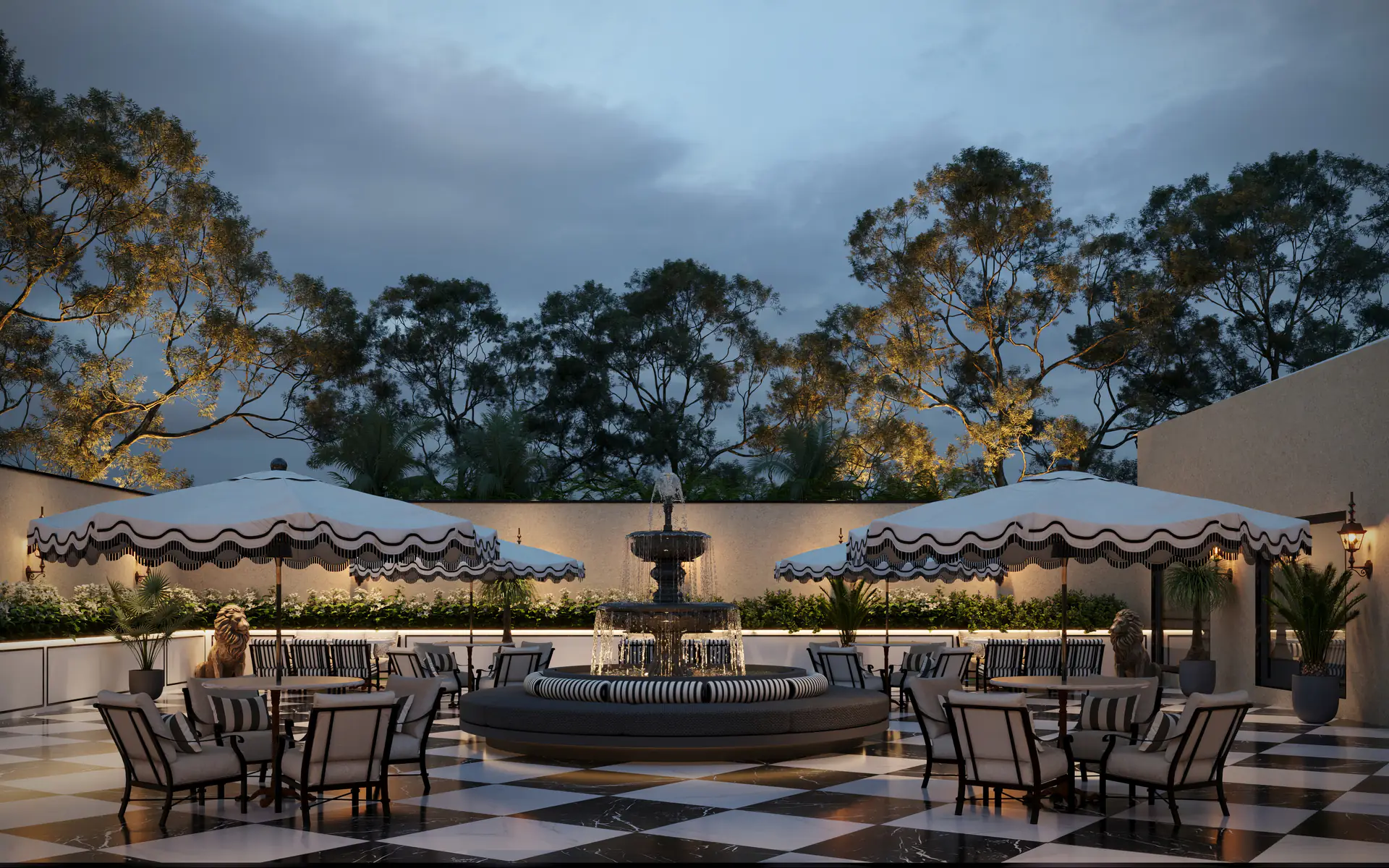 Open-air courtyard restaurant around a tiered fountain, with scalloped umbrellas — Sawai Traditional, Luxury Resort Open-air courtyard restaurant around a tiered fountain, with scalloped umbrellas — Sawai Traditional, Luxury Resort