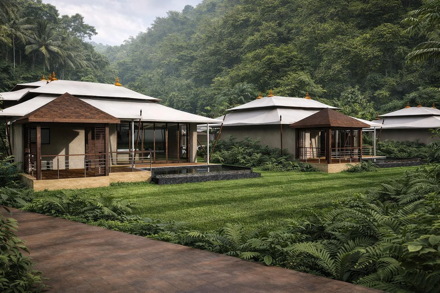 Pool Villas with timber decks and a private plunge pool on a wide lawn below forested hills — Sawai Traditional, Luxury Resort Pool Villas with timber decks and a private plunge pool on a wide lawn below forested hills — Sawai Traditional, Luxury Resort