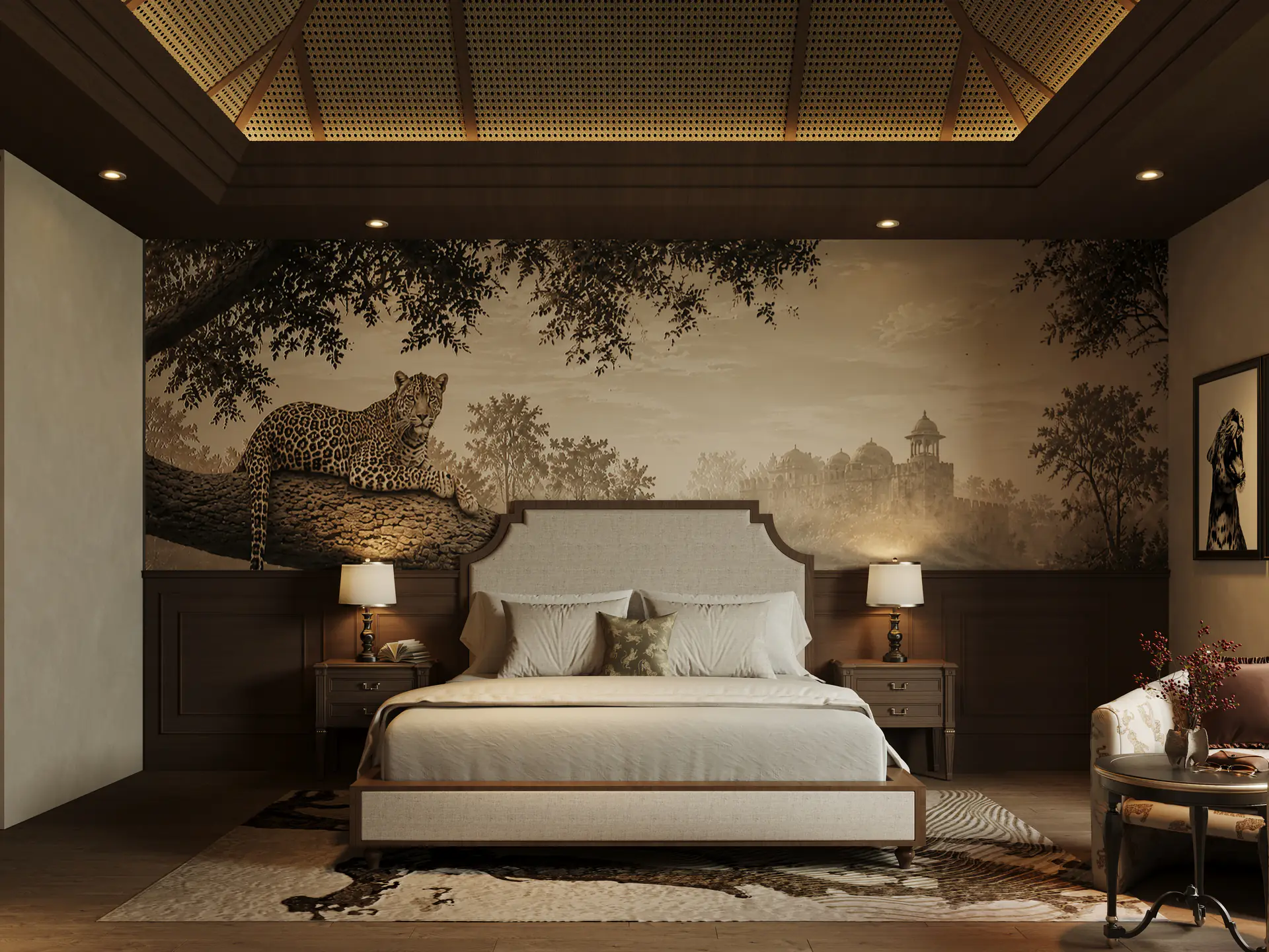 Pool Villa bedroom beneath a cane-lattice ceiling, with a sepia leopard-and-fort mural — Sawai Traditional, Luxury Resort Pool Villa bedroom beneath a cane-lattice ceiling, with a sepia leopard-and-fort mural — Sawai Traditional, Luxury Resort
