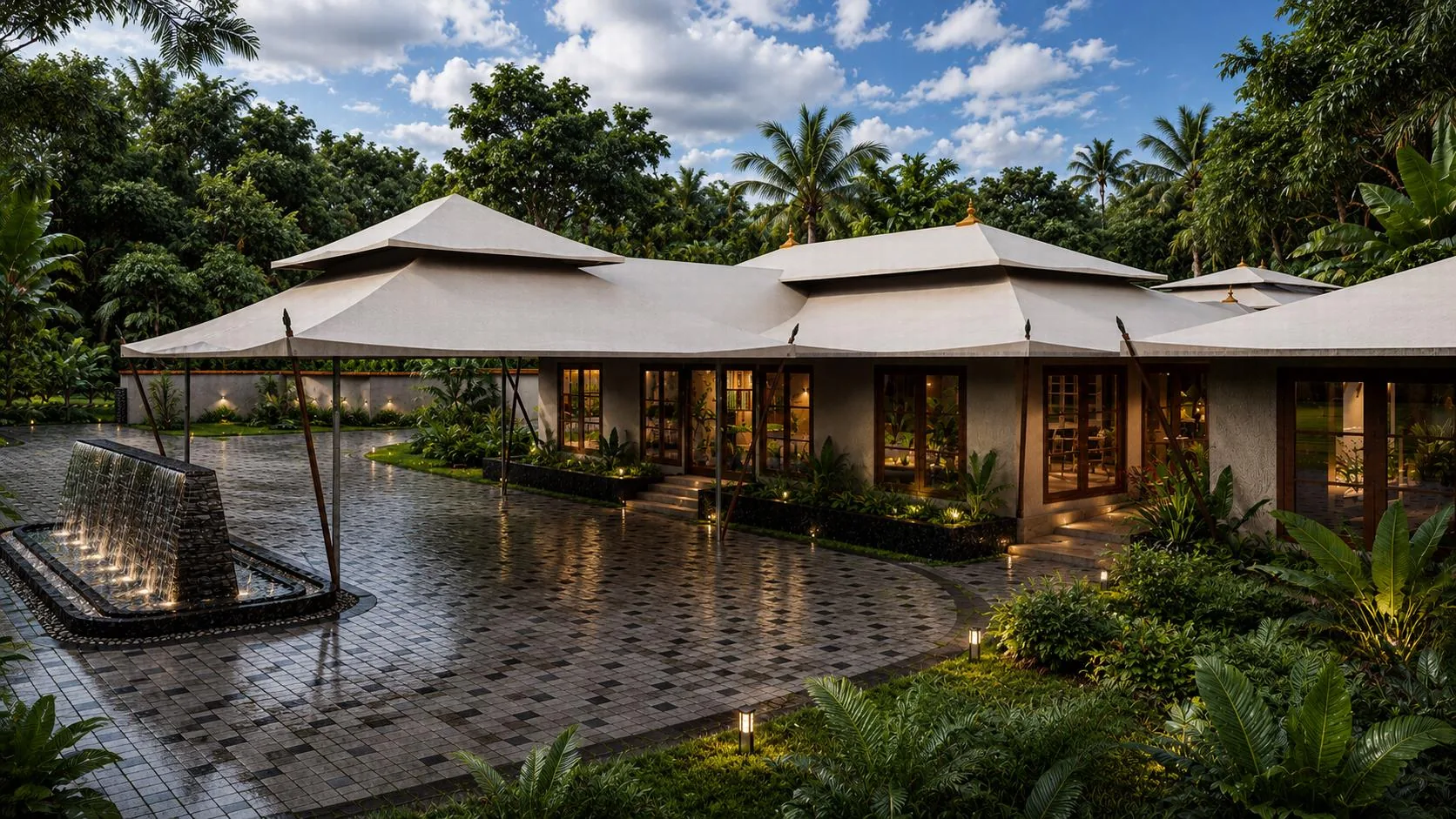The reception pavilion forecourt at Sawai Traditional, Luxury Resort in the evening, its water feature and glazed doors reflected in the wet paving The reception pavilion forecourt at Sawai Traditional, Luxury Resort in the evening, its water feature and glazed doors reflected in the wet paving