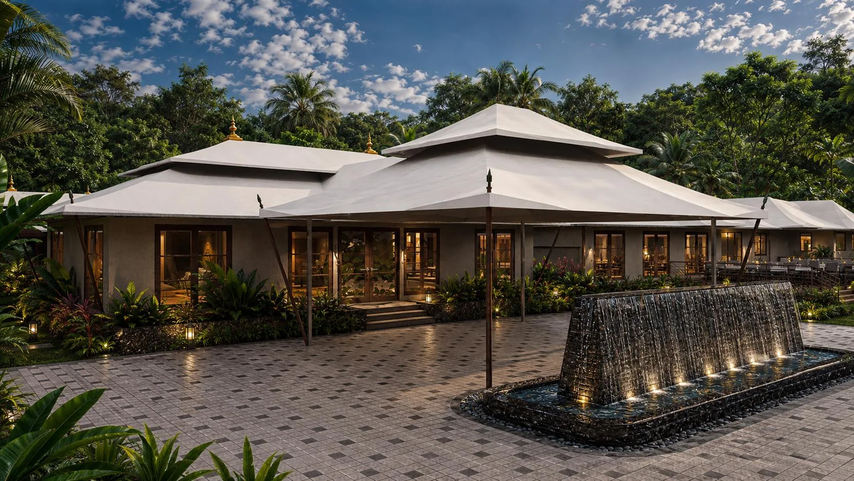 Reception pavilion with layered white roofs and a lit stone water wall — Sawai Traditional, Luxury Resort Reception pavilion with layered white roofs and a lit stone water wall — Sawai Traditional, Luxury Resort