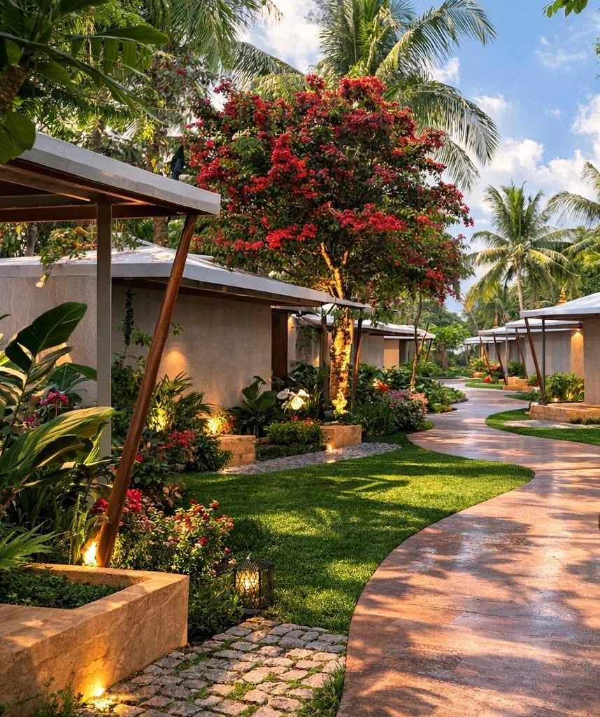 A paved garden path beneath a flowering tree leading to the villas at Sawai Traditional, Luxury Resort A paved garden path beneath a flowering tree leading to the villas at Sawai Traditional, Luxury Resort